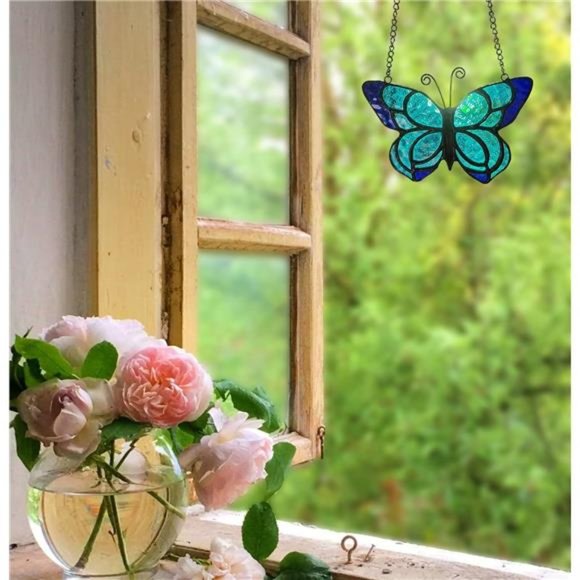 Blue Butterfly Suncatcher Stained Glass Window Hanging Panel 5.9×5.3Inch - Picture 6 of 6
